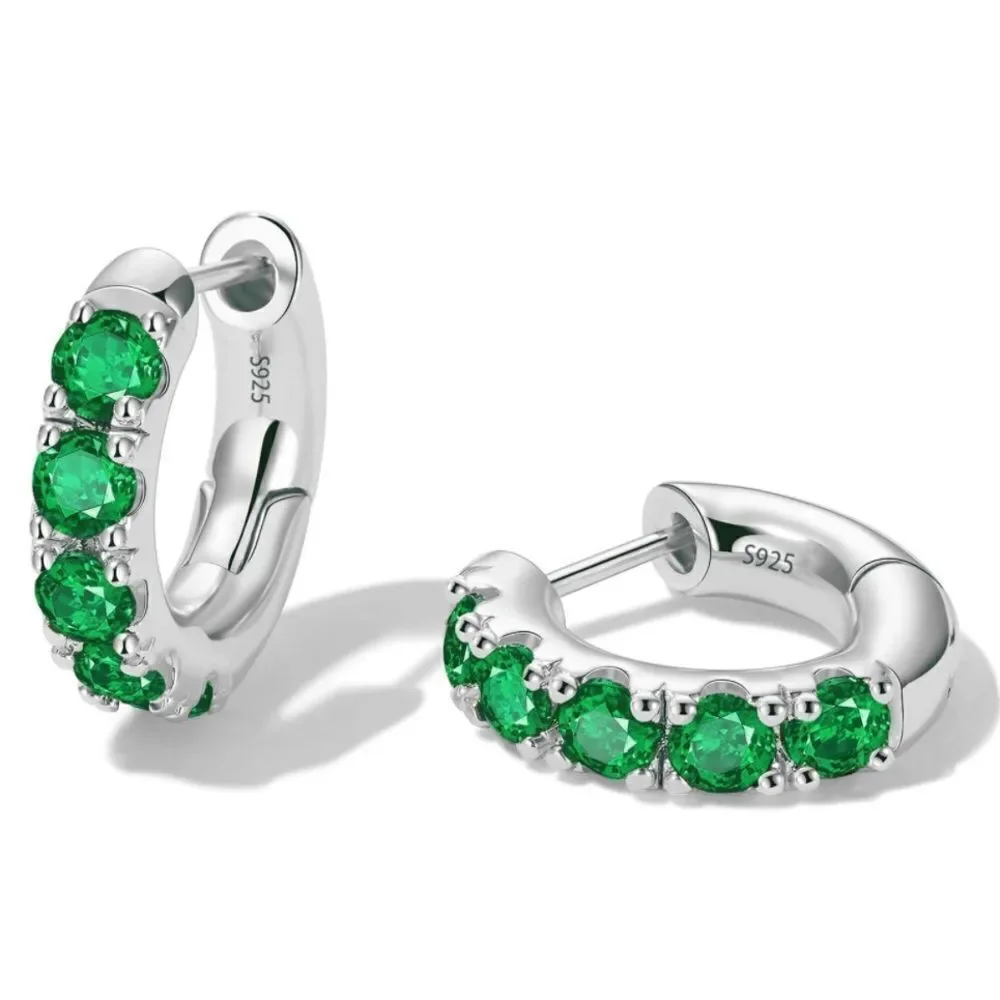 14K White Gold 925 Sterling Silver Emerald Green Cubic Zirconia Huggie Earrings